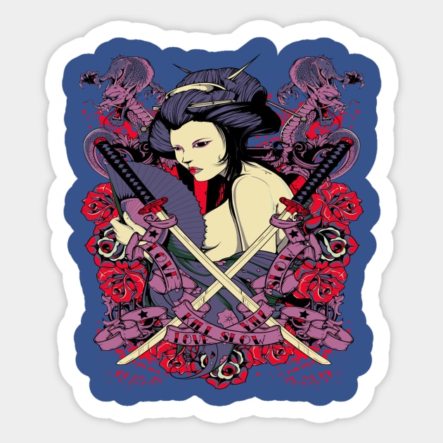 geisha with crossed swords flourish Sticker by TADYSHOP